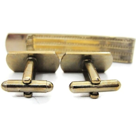 Long Wide Tie Bar & Cufflink Set Faded Gold Tone Tarnished Shirt Vintage - Picture 4 of 7